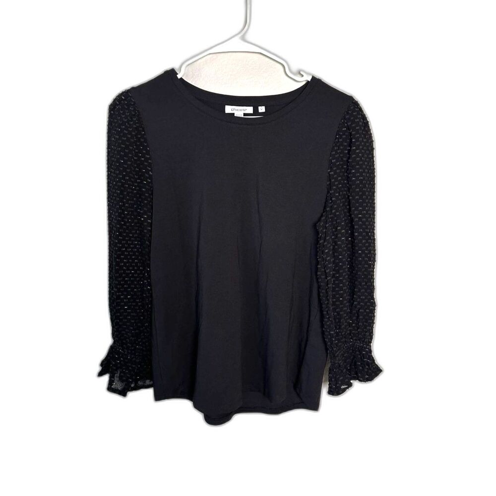 Chico's Black Mixed Media Metallic Gold Whimsigoth Blouson Sleeve Top Size 1 M